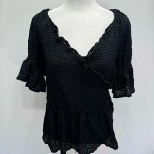 Black Smocked Crocheted Crossover Front Ruffle Whimsigoth Top White Birch NEW